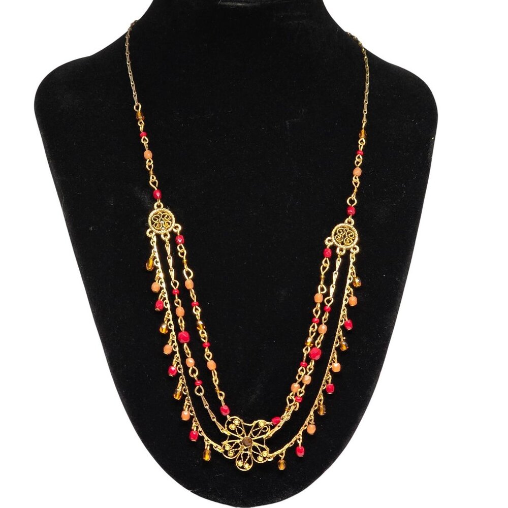 Vintage 1950s Multi Strand Gold Tone‎ Filigree Beaded Necklace Red Amber
